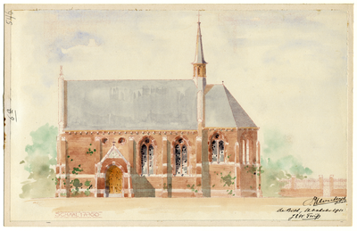 39815 Opstand van de voorgevel van het kerkgebouw van de Engelse kerk (Van Limburg Stirumplein 2) te Utrecht